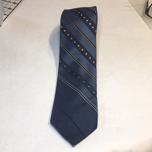 Oscar de la Renta Vintage blue polkadot diagonal striped blue white and gold tie - Picture 8 of 10